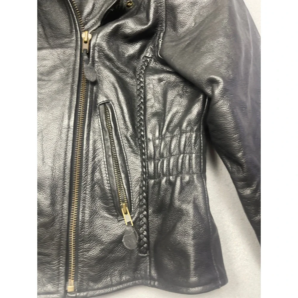 Unbranded Biker Jacket Genuine Leather Black Braided Trim Small Womens